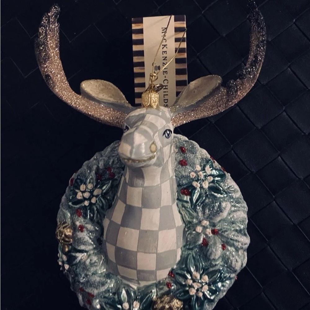 MacKenzie-Childs Check Moose Reindeer handblown glass christmas Ornament nib